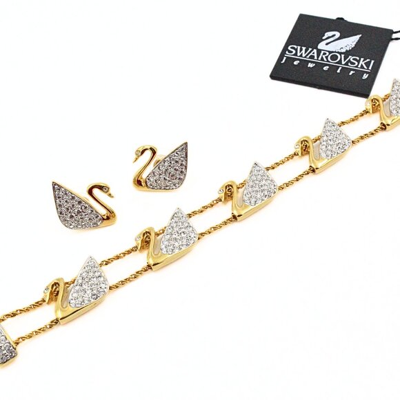 Illustrious SWAROVSKI Crystal Swan Bracelet Gold Tone Earrings Set - Picture 1 of 12